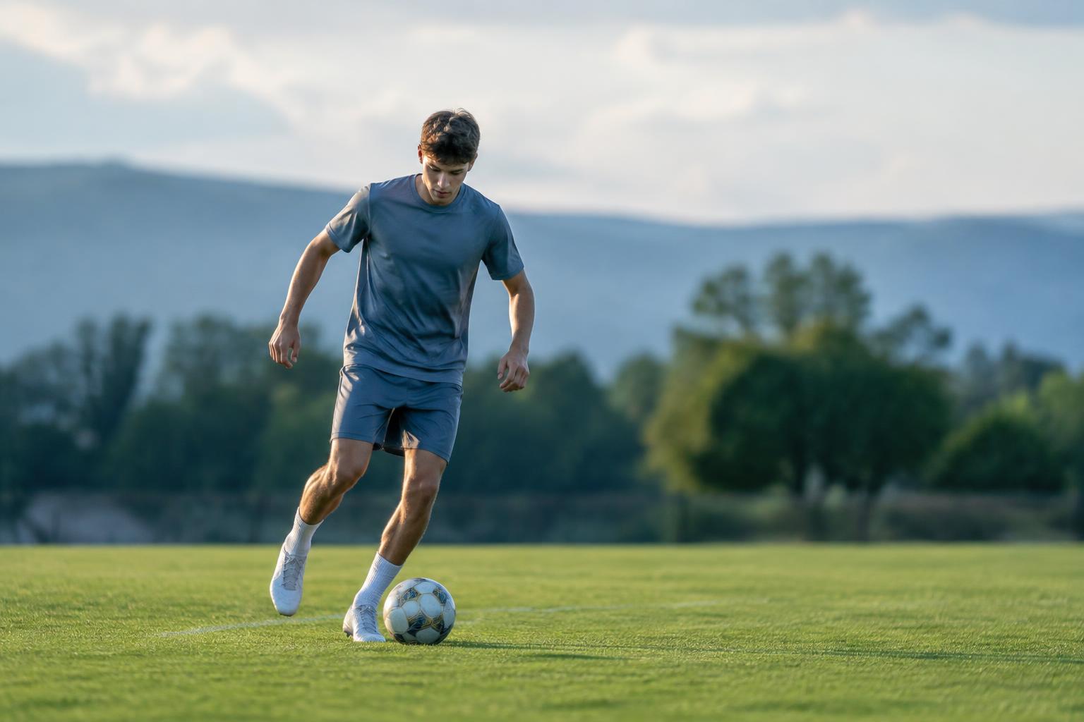 Calciatore in allenamento con il pallone su un campo in erba alla luce del tardo pomeriggio